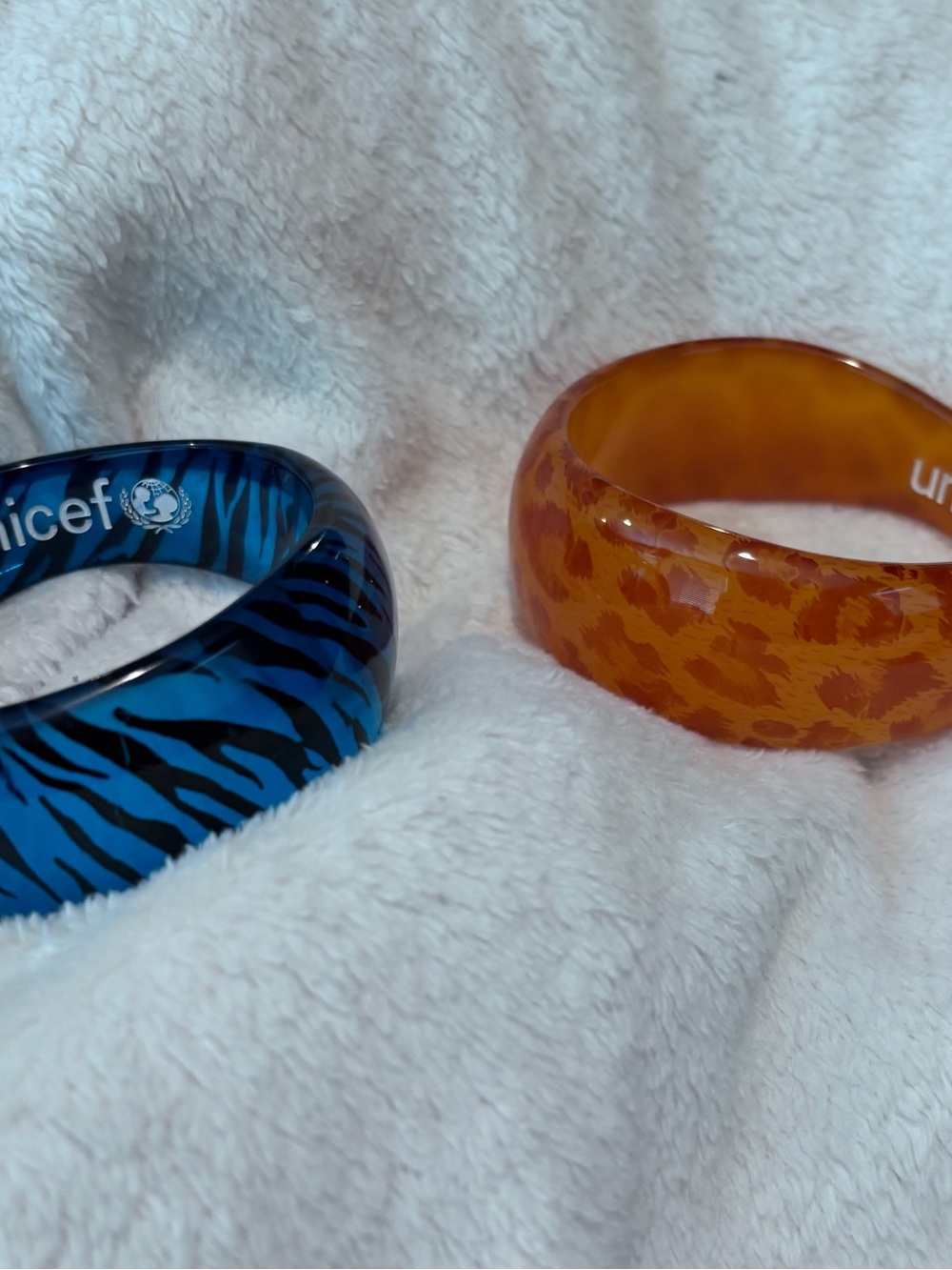 2 Resin Bangles-Blue & Black Zebra Print; Light & Dark Brown Cheetah Print